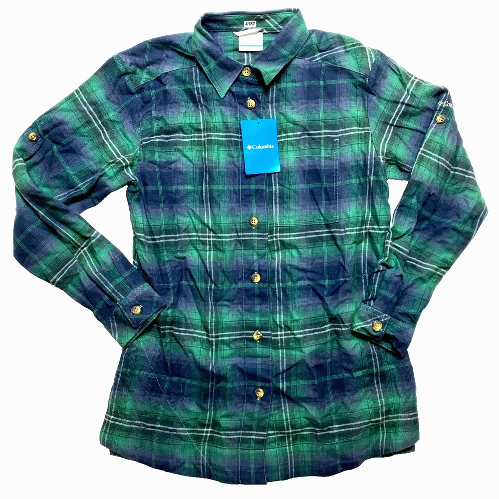 Columbia Flannel Shirt Womens Small Green Long Sleeve Tartan Button Up Cotton